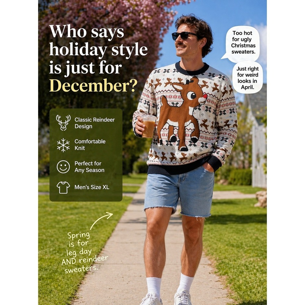 Rudolph the Red-Nosed Reindeer Mens XL Sweater Fair Isle White